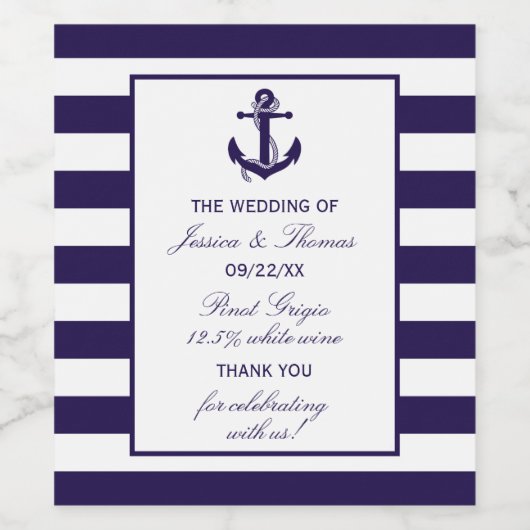 Het Nautical Anchor Navy Stripe Wedding Collectie Wijn Etiket (Enkel label)