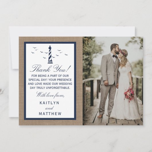 Het Nautical Lighthouse Burlap Wedding Collectie Bedankkaart (Voorkant)