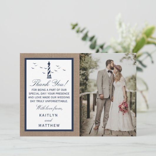Het Nautical Lighthouse Burlap Wedding Collectie Bedankkaart (Staand voorkant)