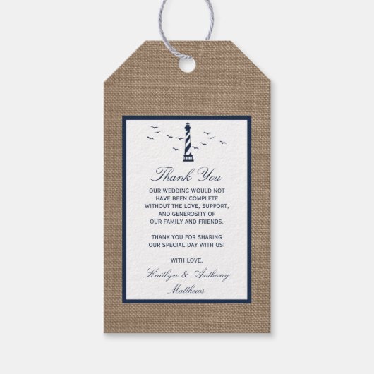 Het Nautical Lighthouse Burlap Wedding Collectie Cadeaulabel (Voorkant)