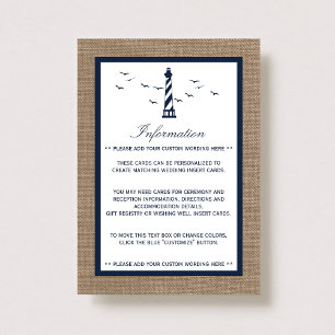 Het Nautical Lighthouse Burlap Wedding Collectie Informatiekaartje