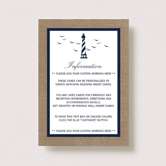 Het Nautical Lighthouse Burlap Wedding Collectie Informatiekaartje