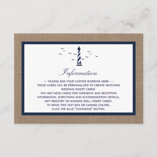 Het Nautical Lighthouse Burlap Wedding Collectie Informatiekaartje (Voorkant)