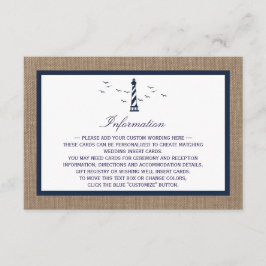 Het Nautical Lighthouse Burlap Wedding Collectie Informatiekaartje