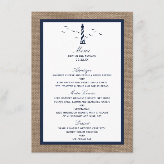 Het Nautical Lighthouse Burlap Wedding Collectie Menu (Voorkant)