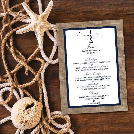 Het Nautical Lighthouse Burlap Wedding Collectie Menu