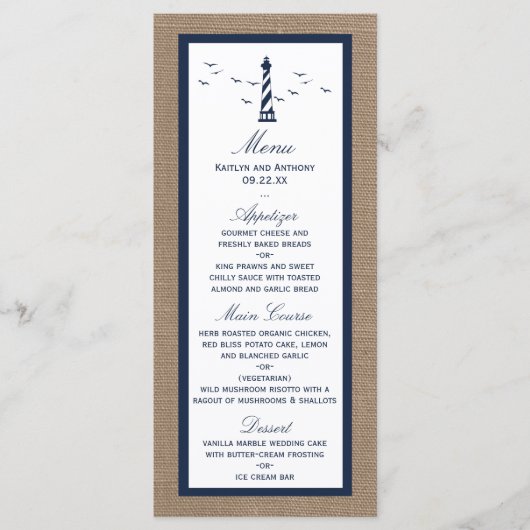 Het Nautical Lighthouse Burlap Wedding Collectie Menu (Voorkant)