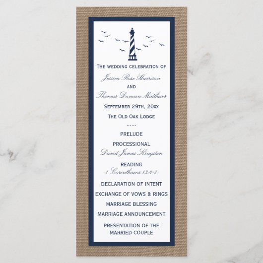 Het Nautical Lighthouse Burlap Wedding Collectie Programmakaart (Voorkant)