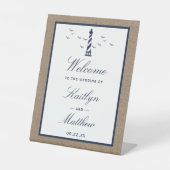 Het Nautical Lighthouse Burlap Wedding Collectie Reclamebord Met Voetstuk (Voorkant)