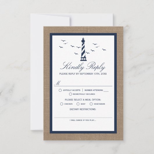 Het Nautical Lighthouse Burlap Wedding Collectie RSVP Kaartje (Voorkant)