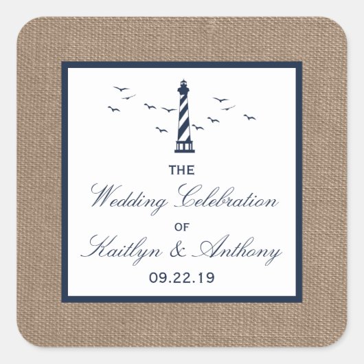 Het Nautical Lighthouse Burlap Wedding Collectie Vierkante Sticker (Voorkant)