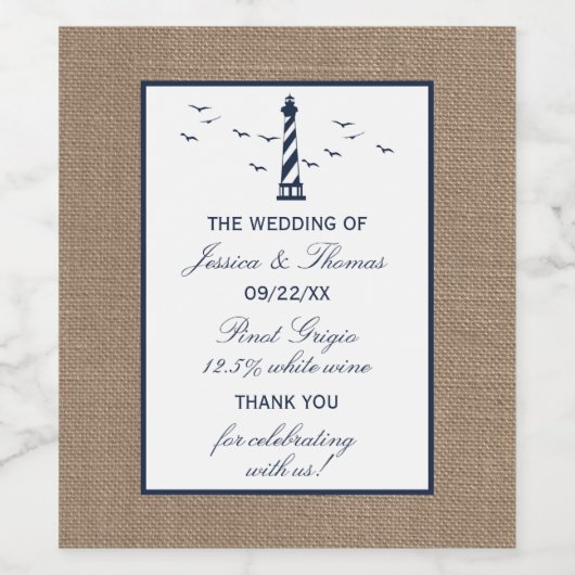 Het Nautical Lighthouse Burlap Wedding Collectie Wijn Etiket (Enkel label)