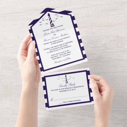 Het Nautical Lighthouse Wedding Collectie All In One Uitnodiging (Afscheurbaar)