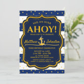 Het nautische anker Navy & Gold Stripe Baby Verjaa Kaart (Staand voorkant)