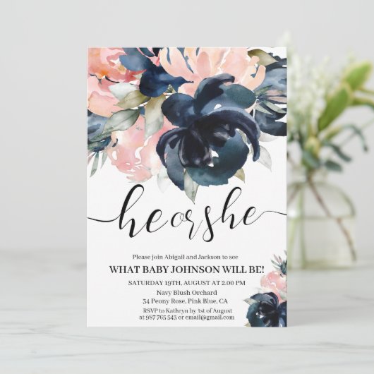 Het Navy and Blush gender onthullen uitnodiging. U Kaart (Staand voorkant)