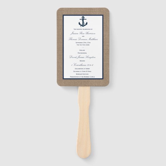 Het Navy Anker Burlap Beach bruiloft Collectie Handwaaier (Voorkant)