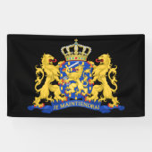 Het Nederlandse wapen op zwart brant Spandoek (Horizontaal)