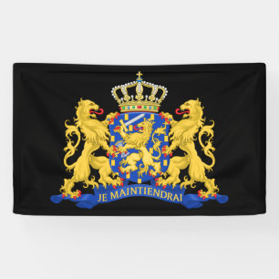 Het Nederlandse wapen op zwart brant Spandoek