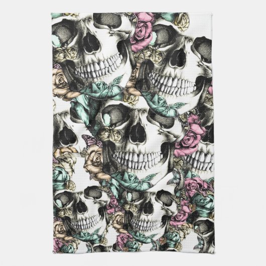 Het neerbuigende roos schedels met vlinders. theedoek (Verticaal)