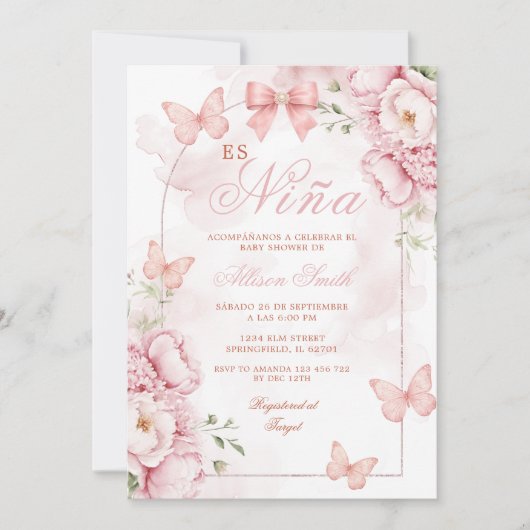 Het Nina Roze Vlinder Babyfeest Kaart (Voorkant)