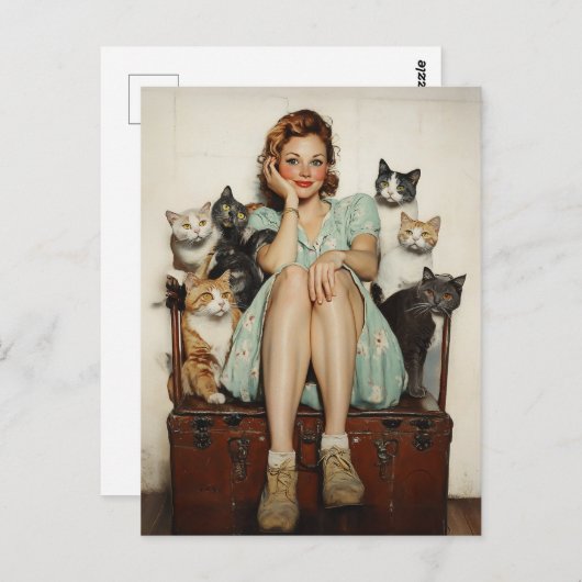 Het omarmen van de Retro Crazy Cat Lady Vibes Briefkaart (Voorkant / Achterkant)