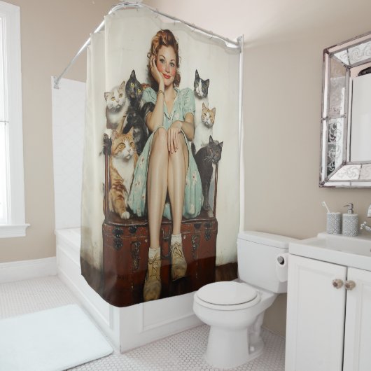Het omarmen van de Retro Crazy Cat Lady Vibes Douchegordijn (In situ)