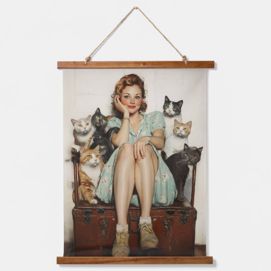 Het omarmen van de Retro Crazy Cat Lady Vibes Hangend Wandkleed (Voorkant)