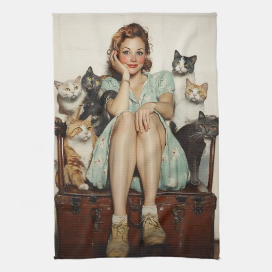 Het omarmen van de Retro Crazy Cat Lady Vibes Theedoek (Verticaal)