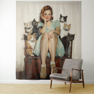 Het omarmen van de Retro Crazy Cat Lady Vibes Wandkleed