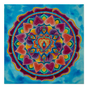 Het ontvlammen van Heart Mandala in waterkleur Perfect Poster