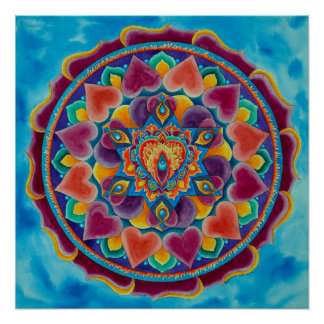 Het ontvlammen van Heart Mandala in waterkleur Perfect Poster