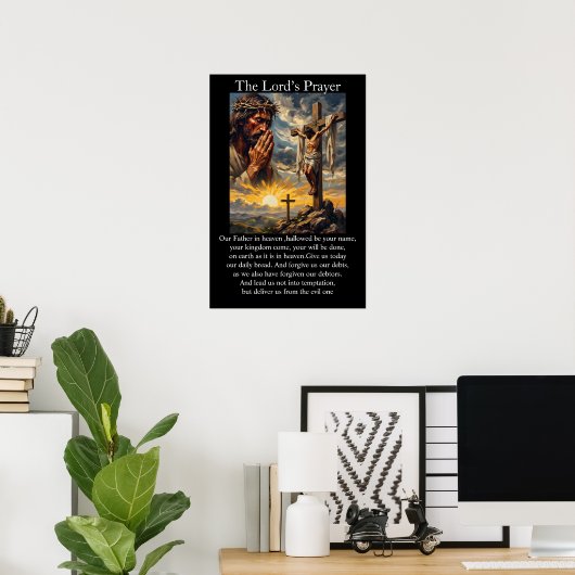 Het Onze Vader Kruisiging Biddend Christus Zonsopg Poster (Thuiskantoor)