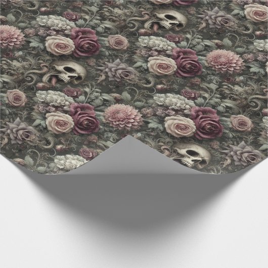 Het oogsten in de Rozen - Gothic Skull Floral Band Cadeaupapier (Hoek)