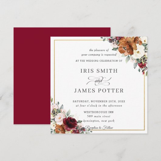 Het Oranje Ivory Burgundy Floral Wedding Square Kaart (Voorkant / Achterkant)