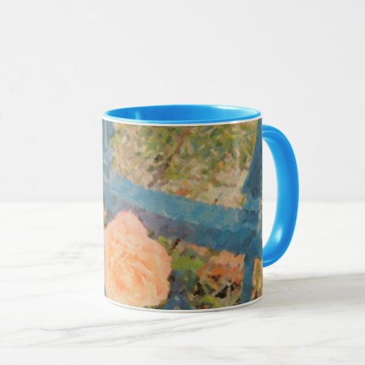 Het oranje roos achter het blauwe hek mok (Voorkant rechts)