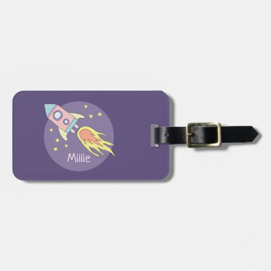 Het Paarse Galaxy Rocket Ship Kinder van Girl Bagagelabel (Voorkant horizontaal)