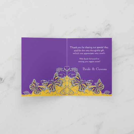 Het paarse gele verloving van het vlinderhuwelijk bedankkaart (Binnen)