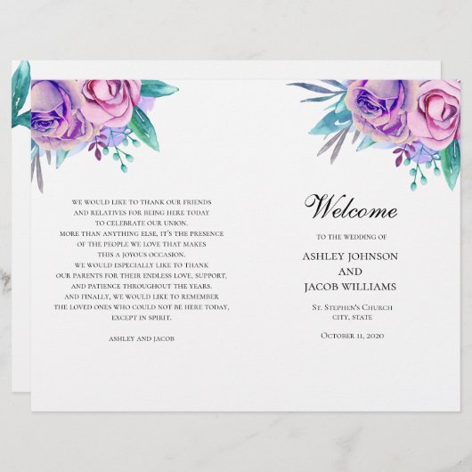 Het Paarse trouwprogramma is gevouwen. Lila bloeme (Voorkant / Achterkant)