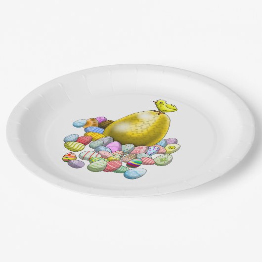 Het paaskuiken en het gouden paasei papieren bordje (Gekanteld)