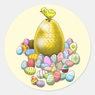 Het paaskuiken en het gouden paasei ronde sticker