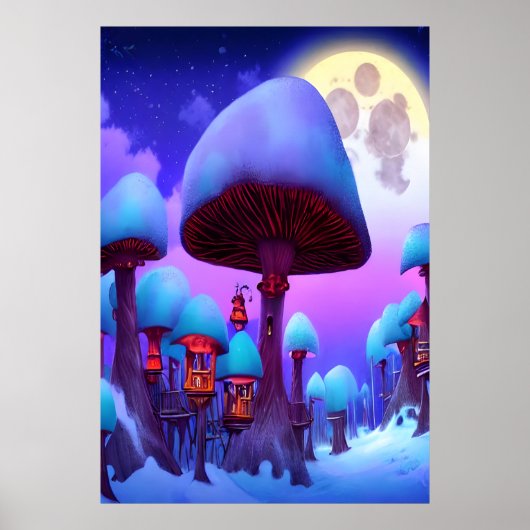 Het paddenstoelbos, nacht, maan, sneeuw | AI Art. Poster (Voorkant)