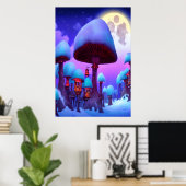 Het paddenstoelbos, nacht, maan, sneeuw | AI Art. Poster (Thuiskantoor)