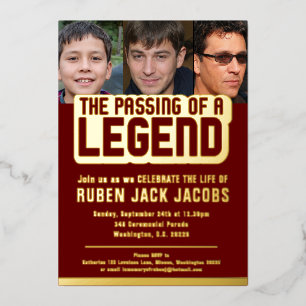 Het passeren van de legende begrafenis donkerrode  folie uitnodiging