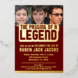 Het passeren van de legende begrafenis donkerrode  folie uitnodiging