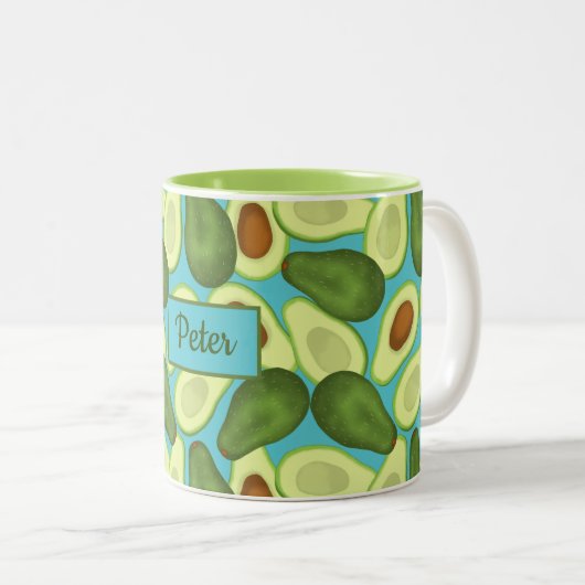 Het patroon van Avocados voegt jouw naam toe Tweekleurige Koffiemok (Voorkant rechts)