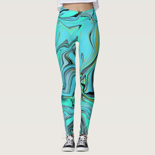 Het patroon van de marmer abstracte blauwe en groe leggings (Voorkant)