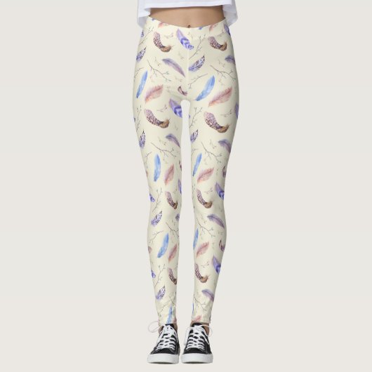 Het Patroon van de Veer van de waterverf Bladeren  Leggings (Voorkant)
