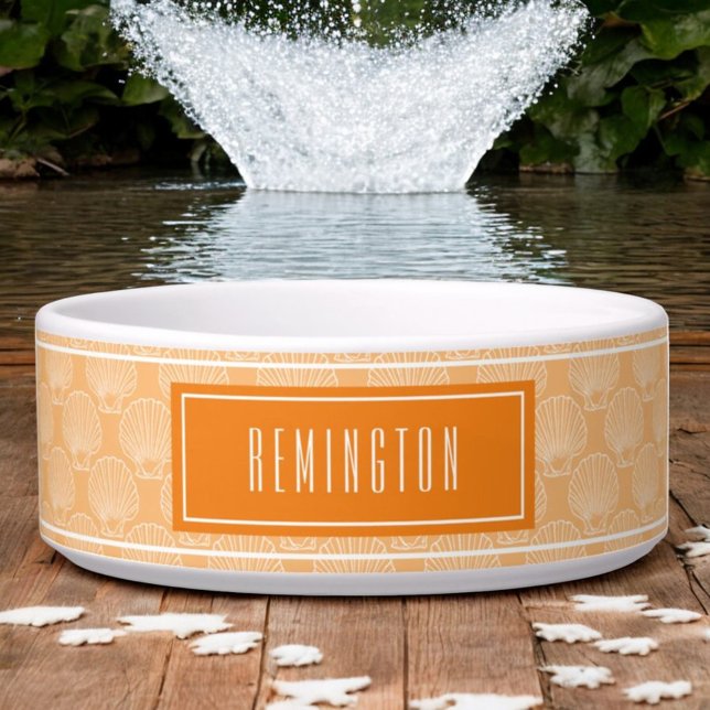 Het Patroon van Shell van het Zee van het strand o Voerbakje (Sea shell pattern over orange with template text dog bowl)