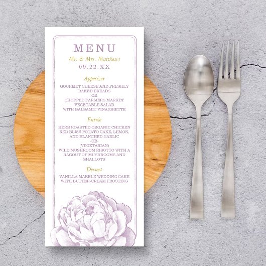 Het  Peony Floral Wedding Collectie - Menu