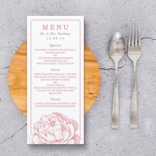 Het  Peony Floral Wedding Collectie - Menu